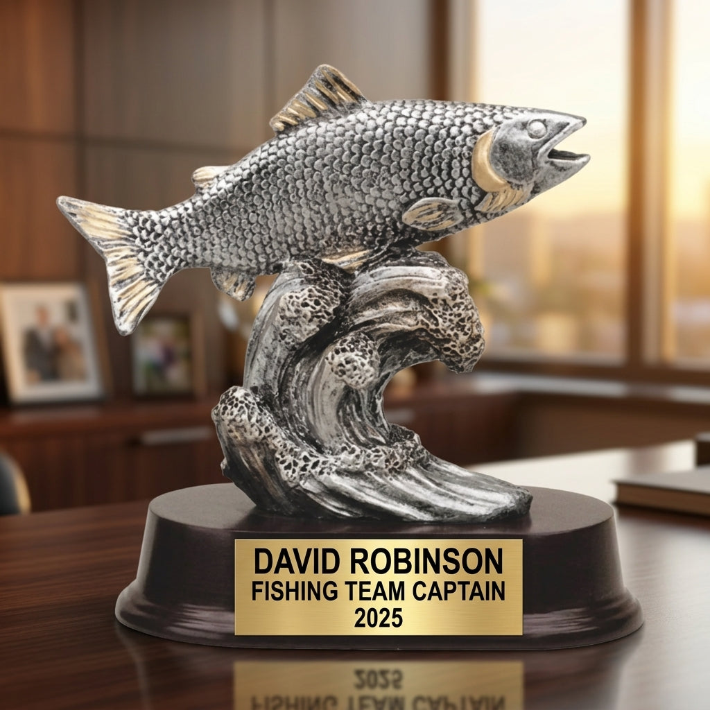 Close-up of laser-engraved gold nameplate on personalized fishing trophy showing custom name, achievement, and year