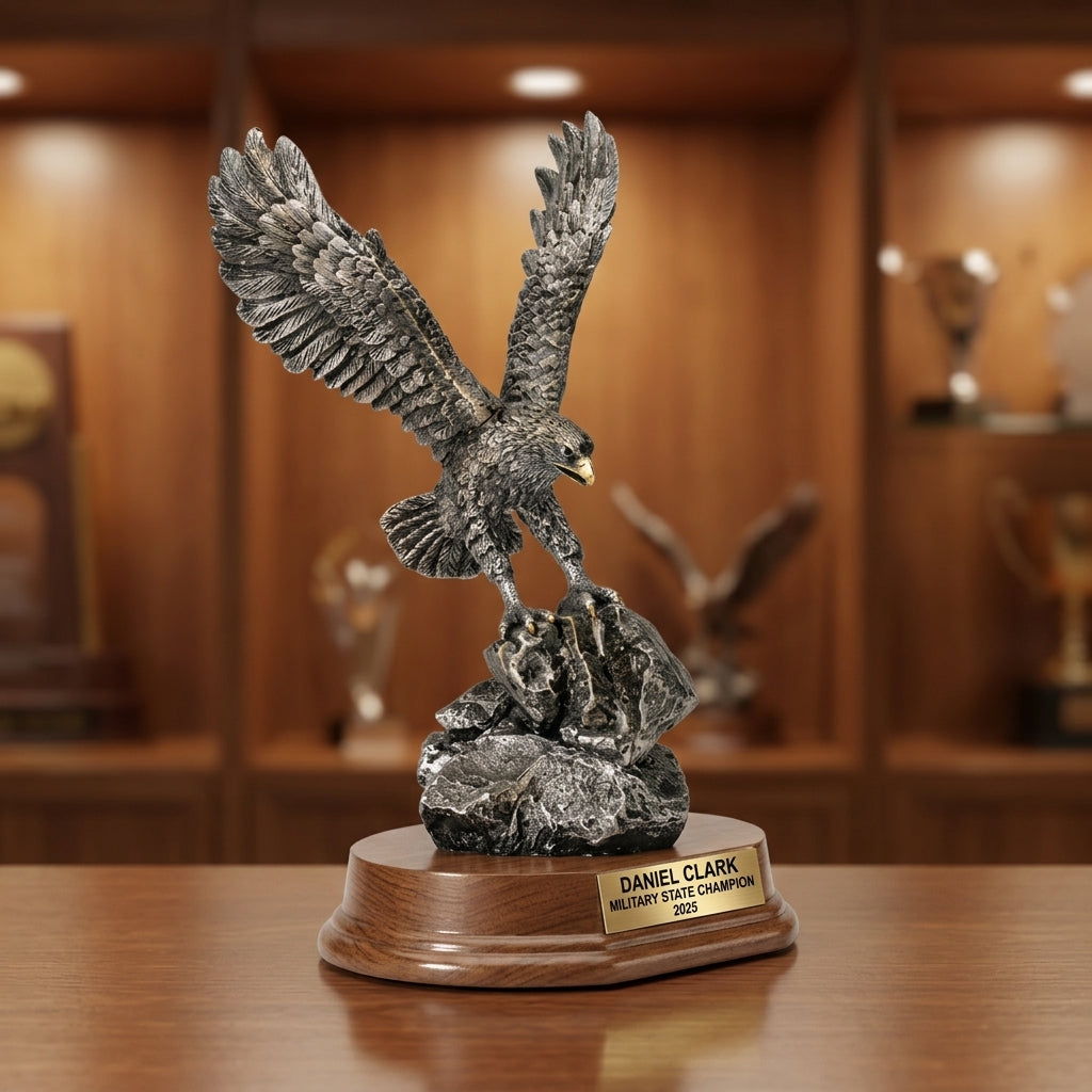 Personalized 7-inch trophy award with custom laser-engraved gold nameplate on weighted base for awards and recognition