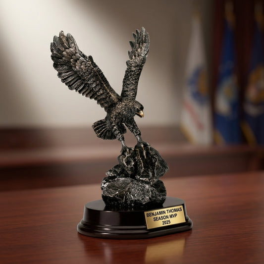 Trophy award specifications showing 7-inch height, gold finish, resin construction, and personalization options