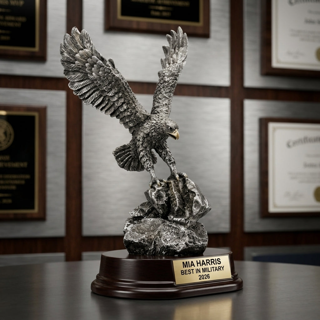 Trophy award banquet display with multiple personalized awards featuring custom laser engraving