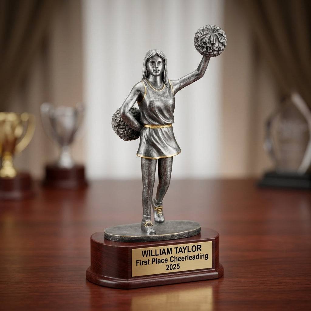 Cheerleading trophy specifications showing 10-inch height, gold finish, resin construction, and personalization options