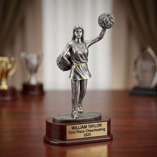 Cheerleading trophy specifications showing 10-inch height, gold finish, resin construction, and personalization options