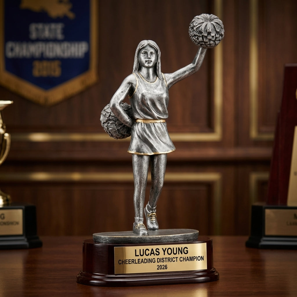 Cheerleading trophy banquet display with multiple personalized awards featuring custom laser engraving