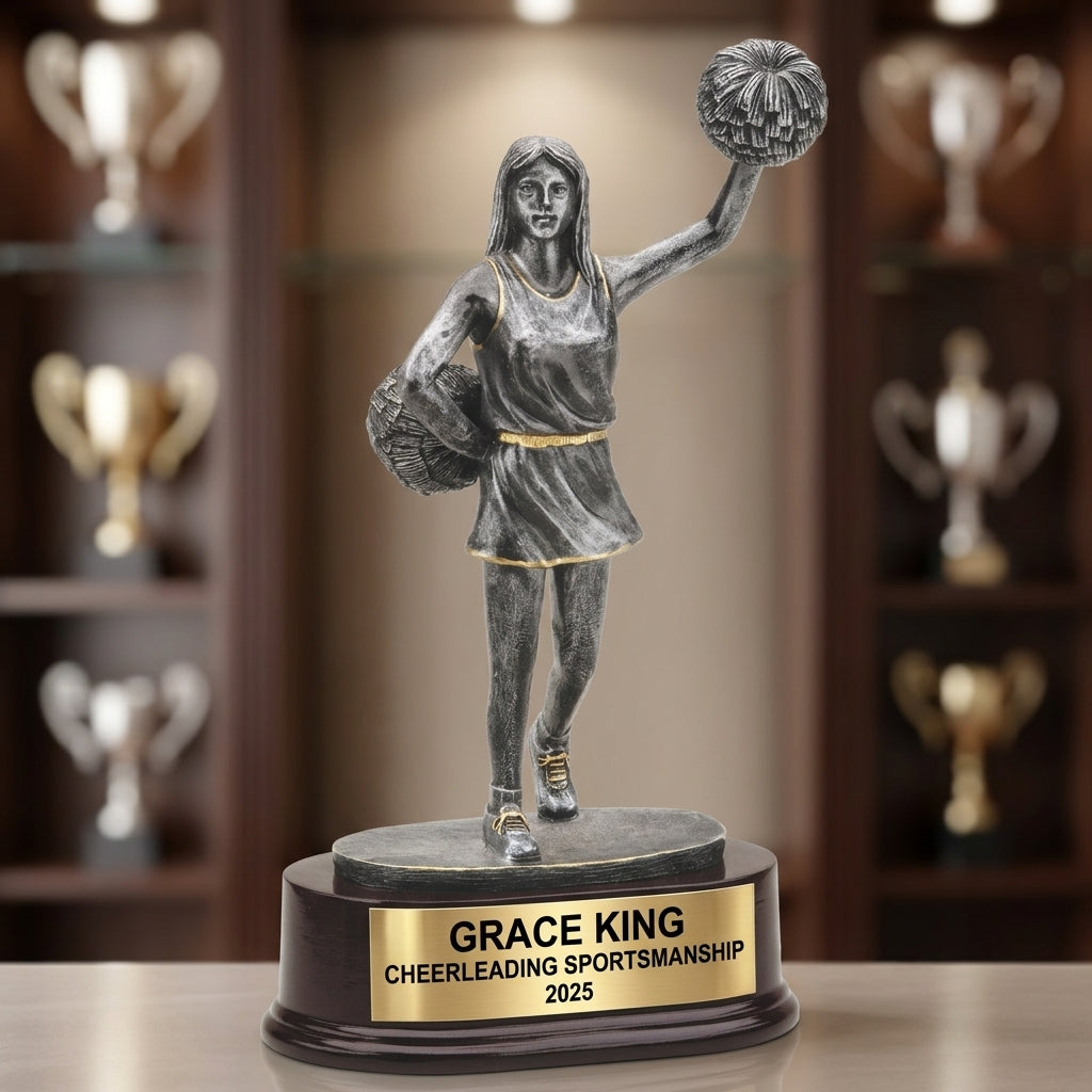 How to order a personalized cheerleading trophy in 3 easy steps with custom name, team, and year engraving
