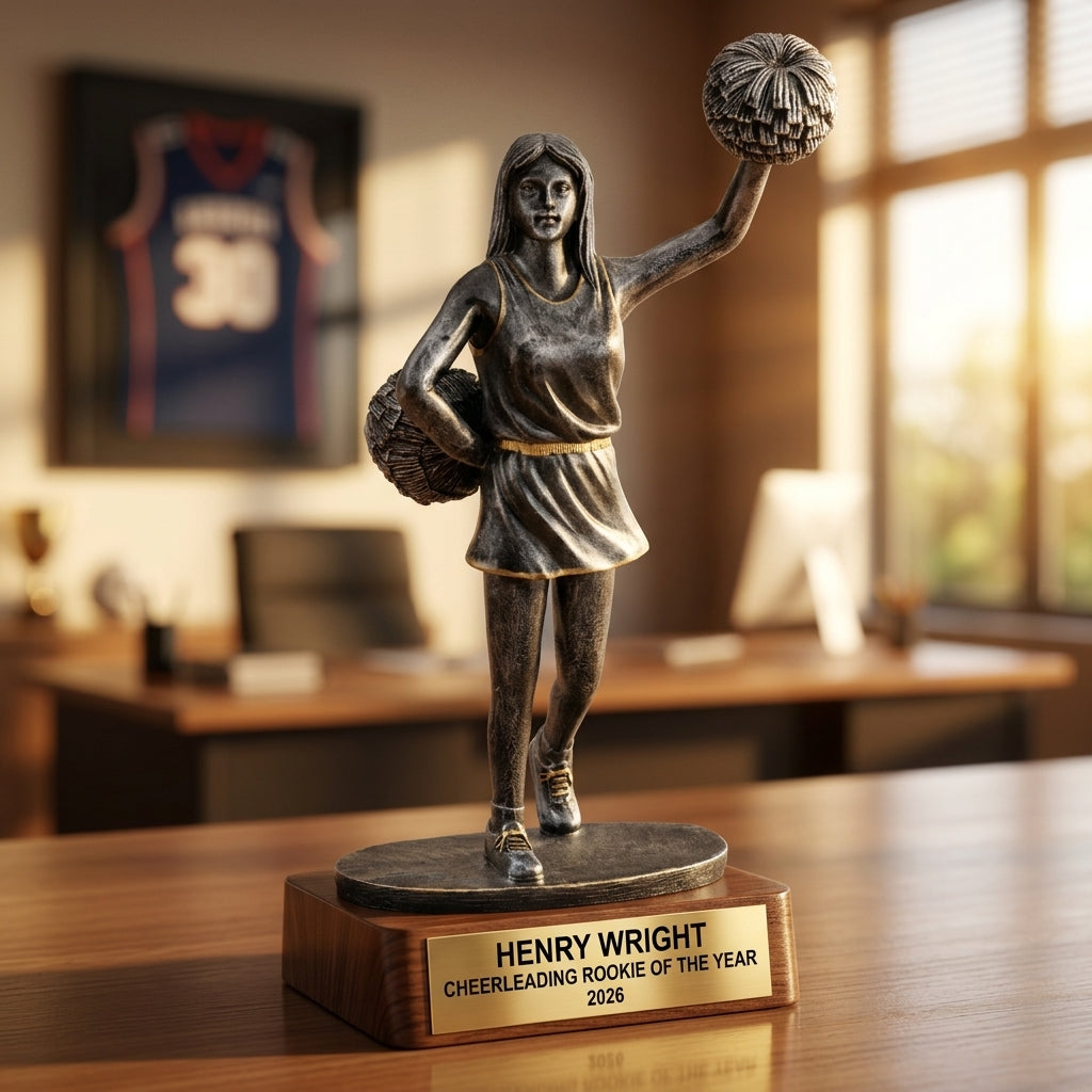 Close-up of laser-engraved gold nameplate on personalized cheerleading trophy showing custom name, achievement, and year