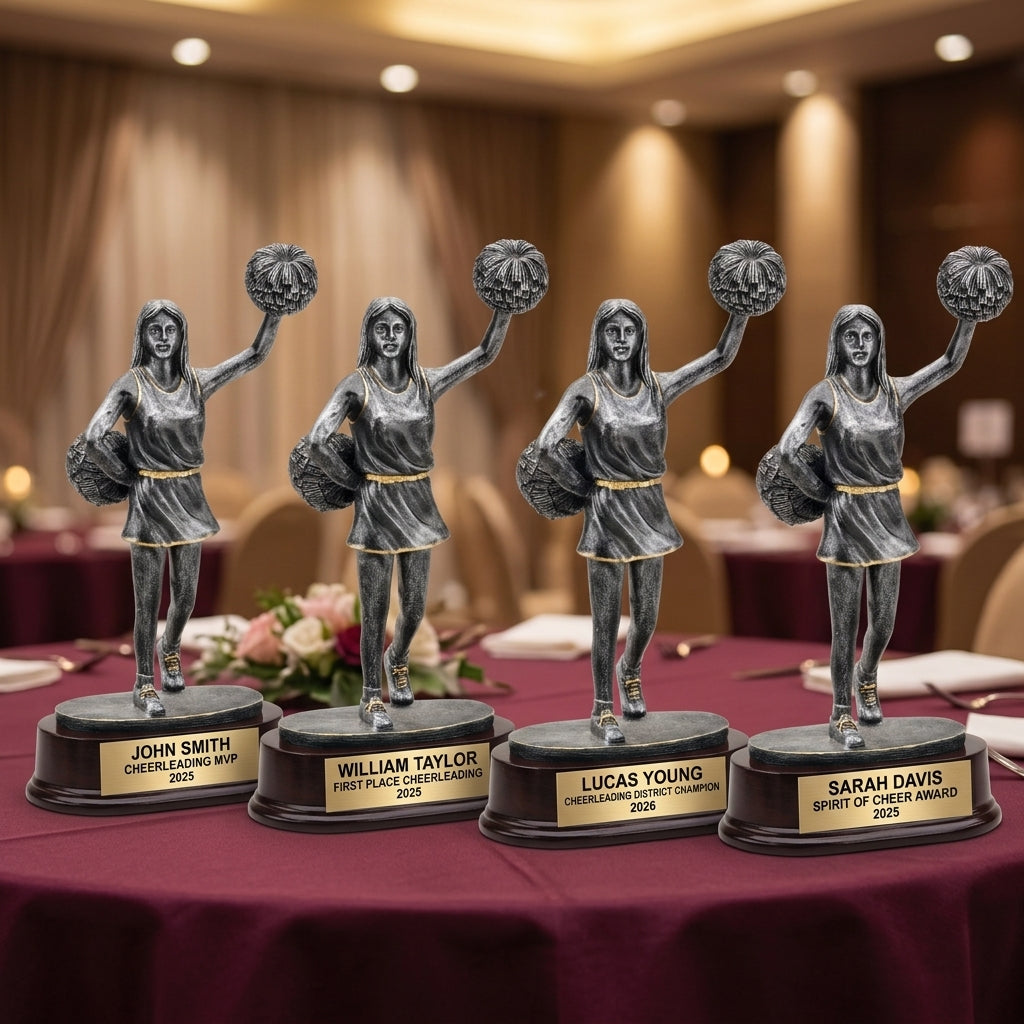 Customer reviews for Wood Unlimited personalized cheerleading trophies with 5-star ratings and trust badges