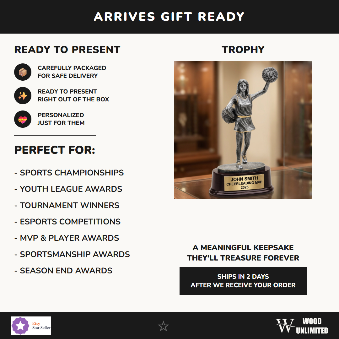 Personalized cheerleading trophy ideal for tournament champions, MVP recognition, and school athletics