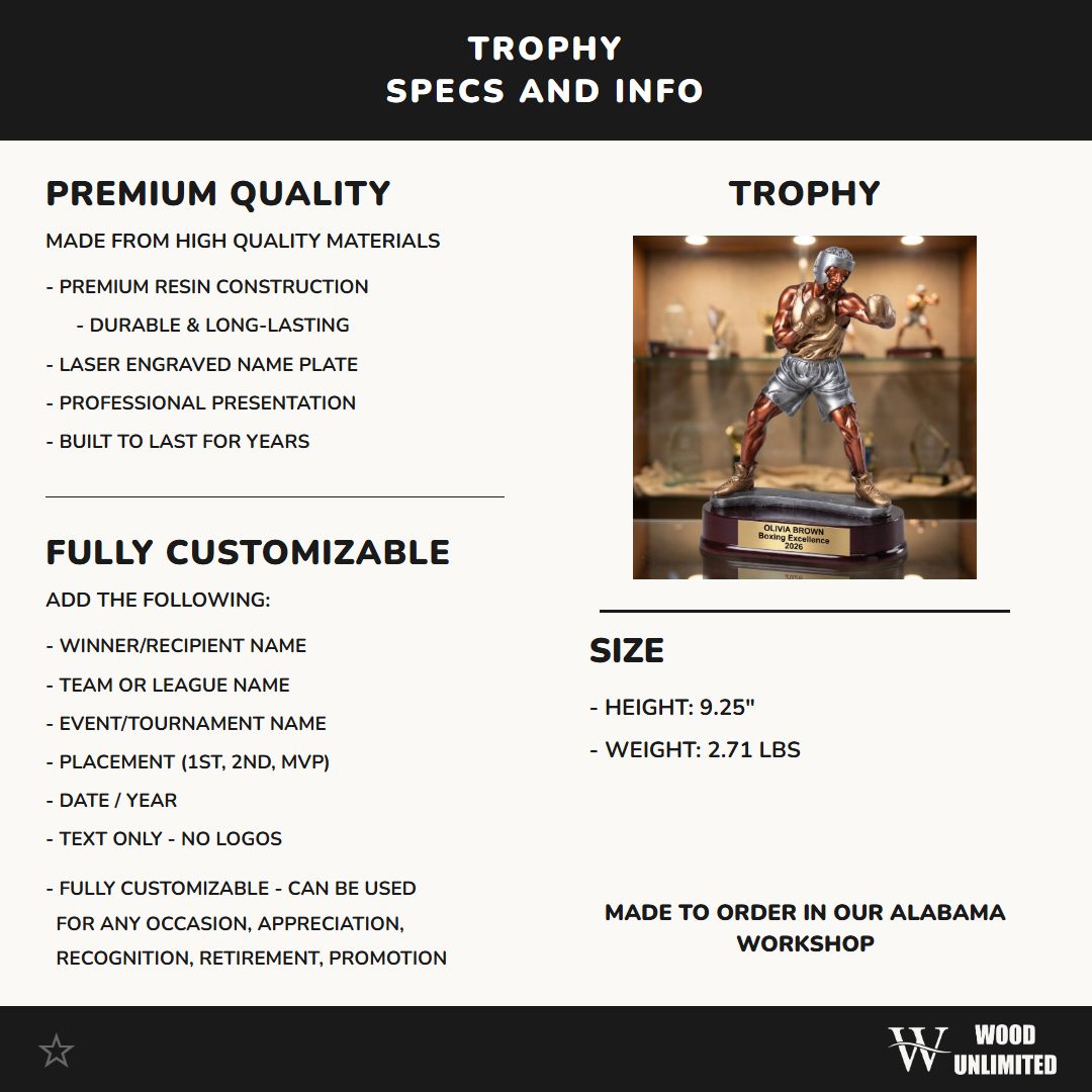 Boxing Trophy | Personalized Sports Award | Custom Engraved | Boxer Gift | Team Banquet | Award Ceremony | Wood Base