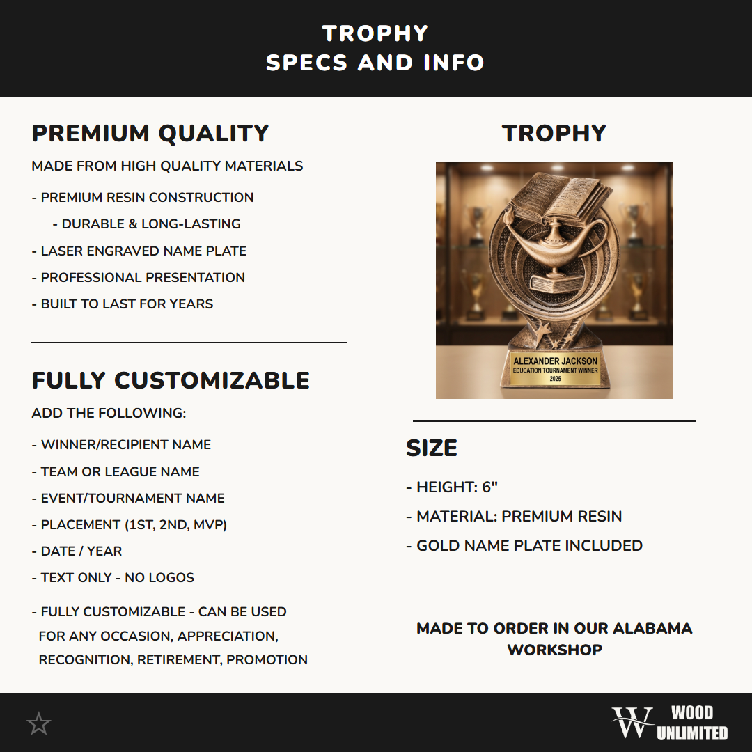 Personalized Education Achievement Trophy - Custom Laser Engraved Resin Award for Professionals