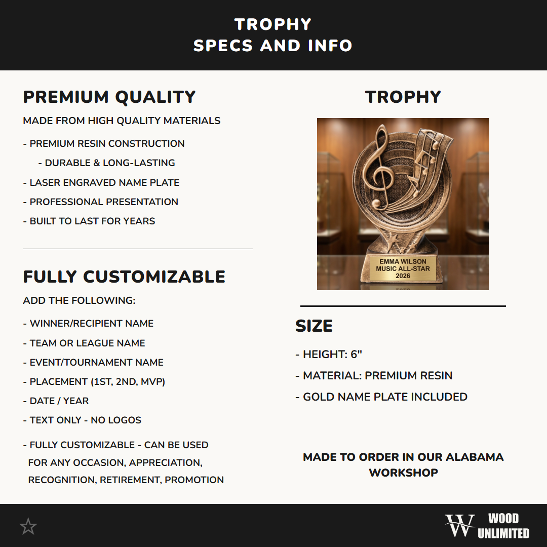 Music Trophy Award | Personalized Music Award | Custom Engraved | Music Competition Award | Music Teacher Gift | Music Student Award