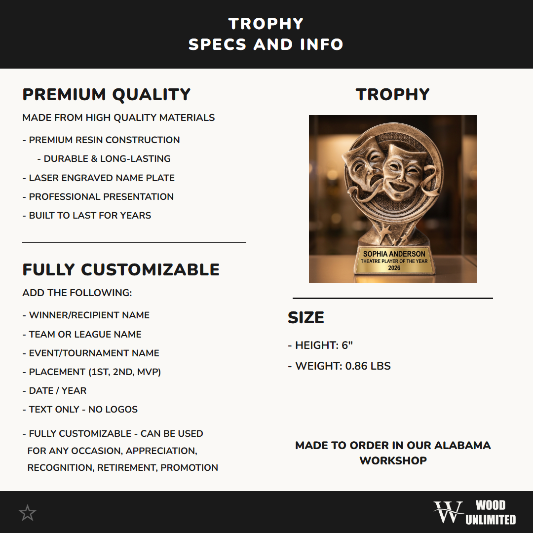 Personalized | Theatre Award | Custom Engraved | Theatre Trophy | Drama Award | Acting Trophy | Engraved | Custom | Masks Award
