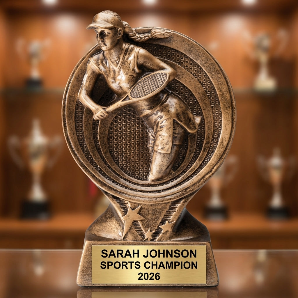 Sports Award Trophy | Personalized | Custom Engraved | Tennis F Action | Saturn Series | Gold Finish - View 1
