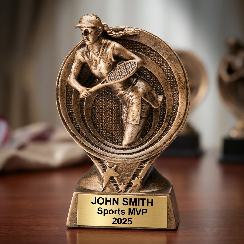 Sports Award Trophy | Personalized | Custom Engraved | Tennis F Action | Saturn Series | Gold Finish - View 2