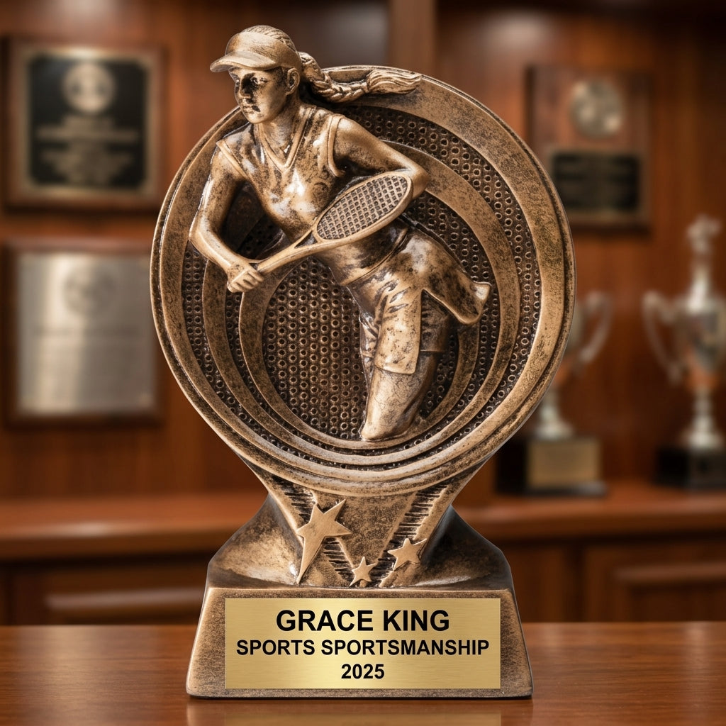 Sports Award Trophy | Personalized | Custom Engraved | Tennis F Action | Saturn Series | Gold Finish - View 3