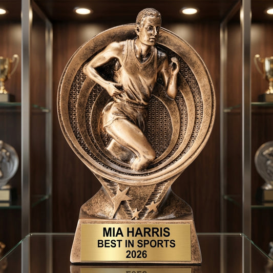 Sports Trophy Award | Personalized | Custom Engraved | Saturn Series Track & Field | Action Award | Team Banquet Gift | Gold Finish - View 1