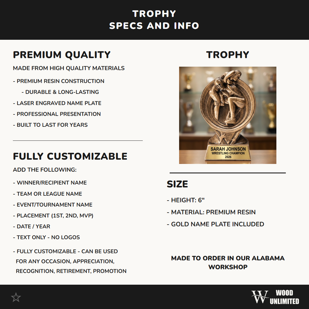 Wrestling Award Trophy | Personalized | Custom Engraved | Wrestler Gift | Champion Trophy | Wrestling Coach Gift