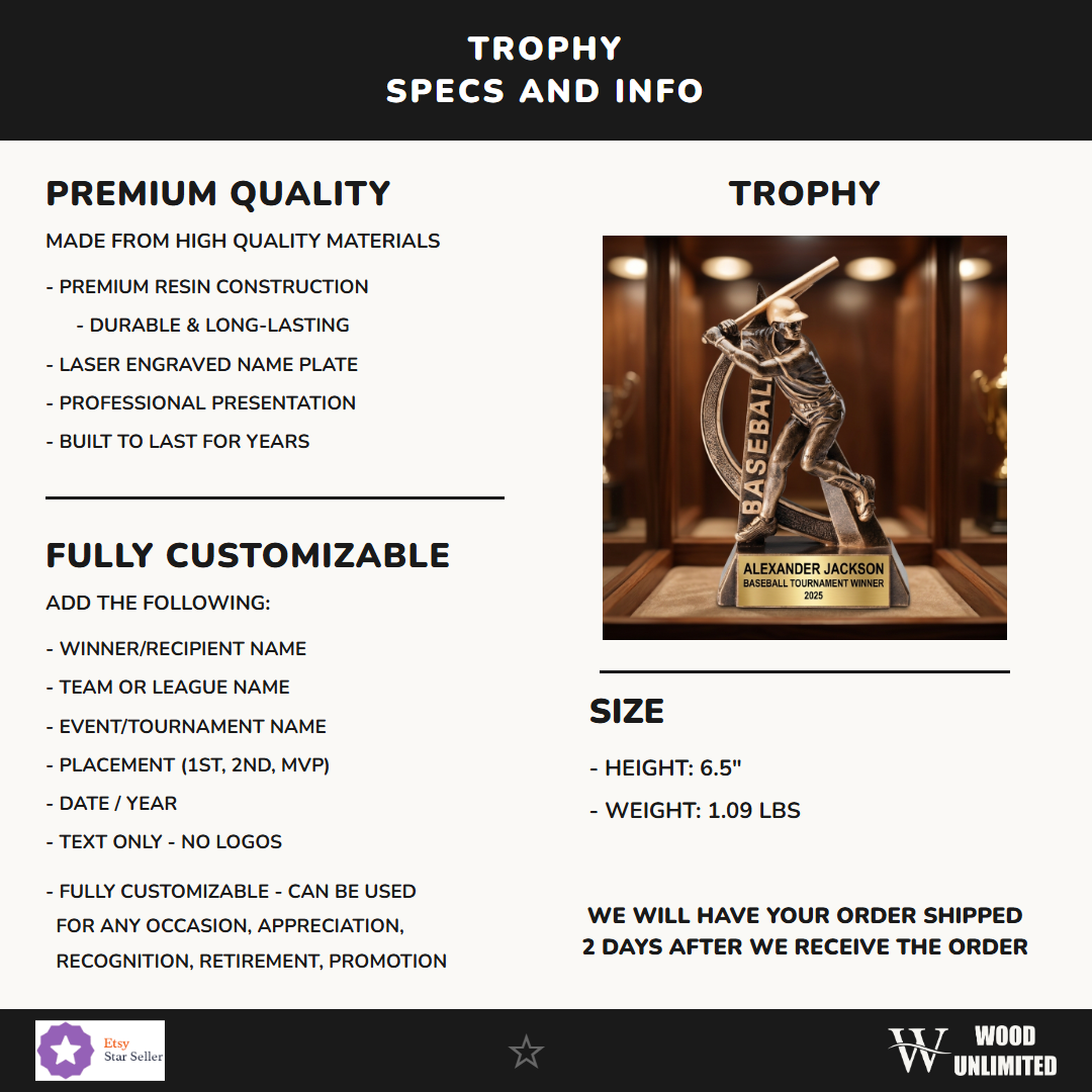Baseball Trophy Award Specifications — dimensions, materials, features