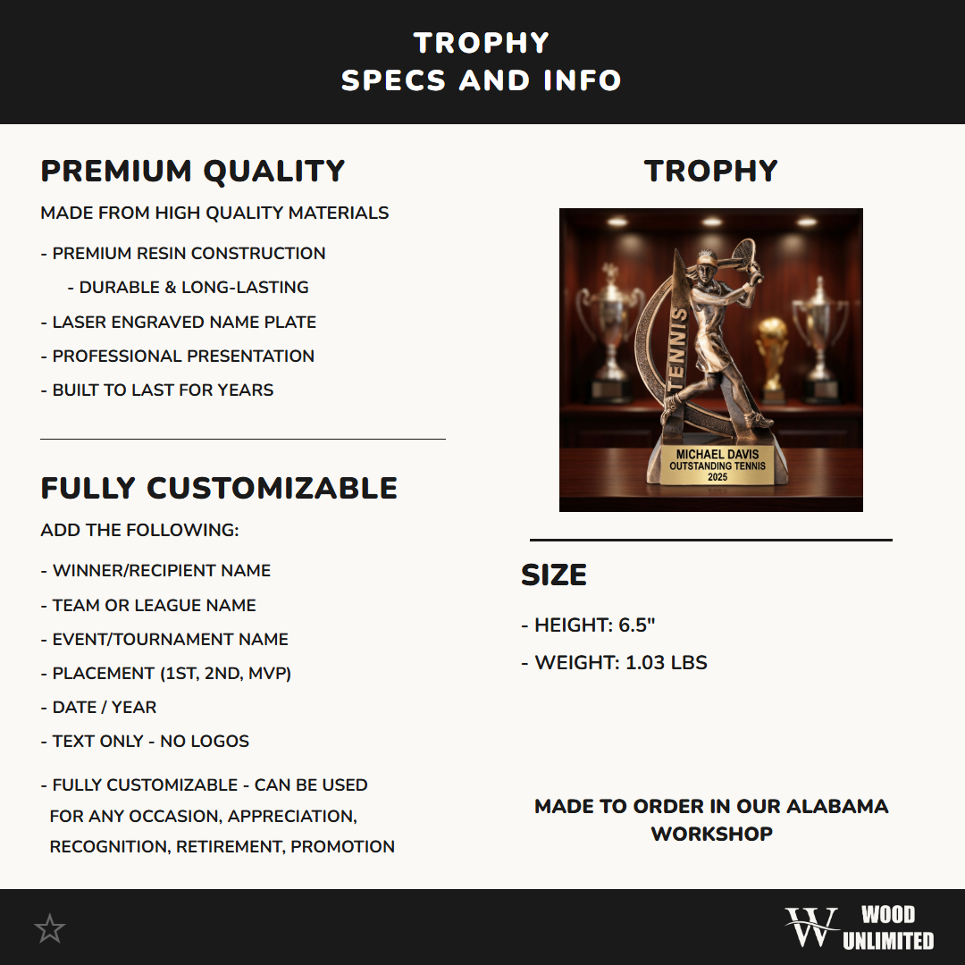Personalized | Tennis Award | Custom Engraved | Trophy | Award | Engraved | Female | Player | Champion | Coach | Team