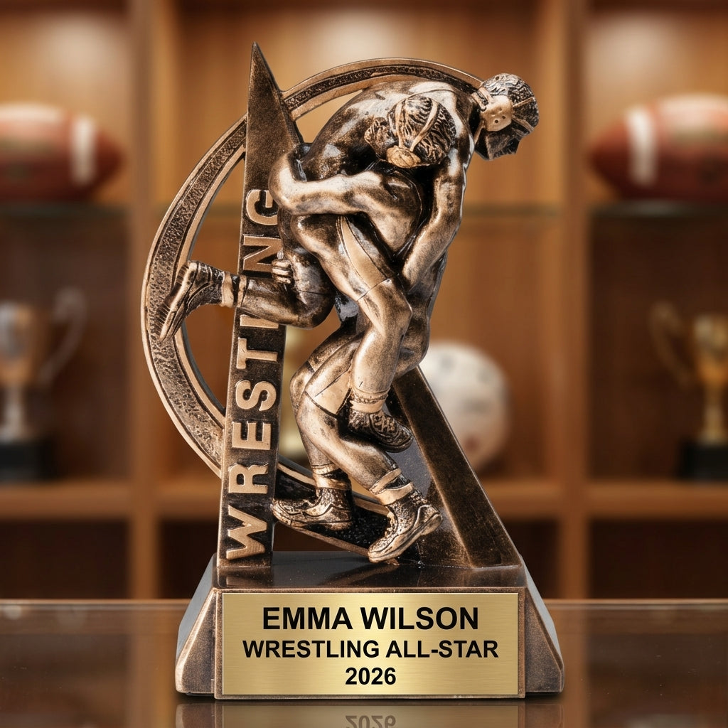 Personalized 6.5-inch wrestling trophy with custom laser-engraved gold nameplate on weighted base for awards and recognition