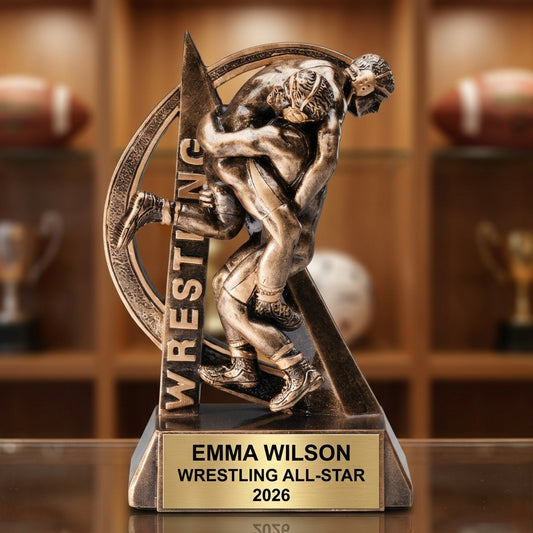 Personalized 6.5-inch wrestling trophy with custom laser-engraved gold nameplate on weighted base for awards and recognition