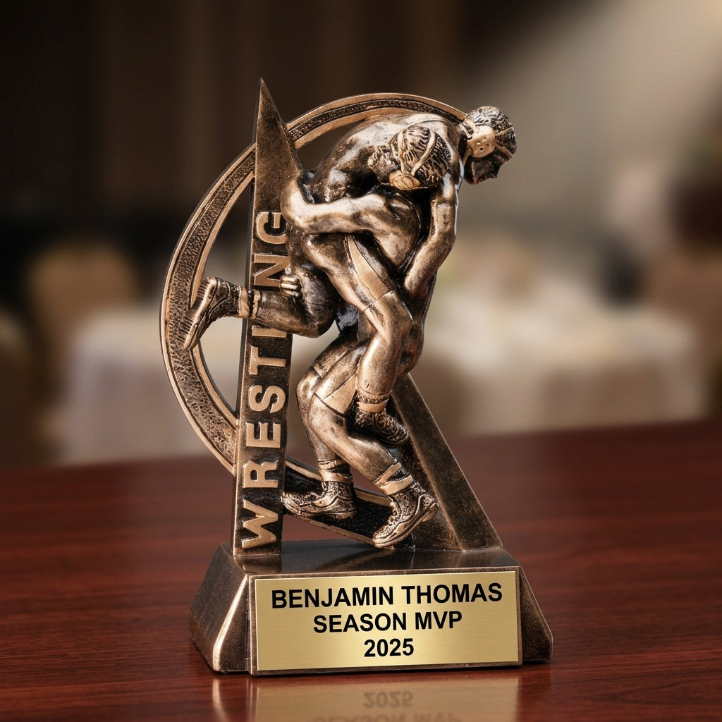 Wrestling trophy specifications showing 6.5-inch height, gold finish, resin construction, and personalization options