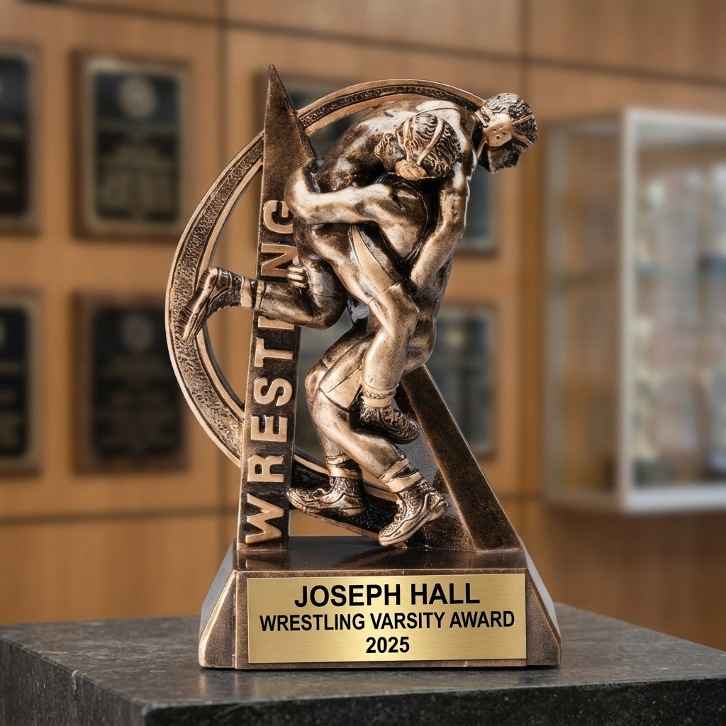 Wrestling trophy banquet display with multiple personalized awards featuring custom laser engraving