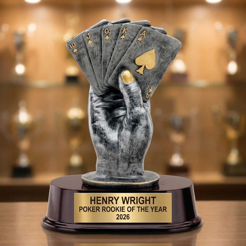 Personalized 9-inch poker trophy with custom laser-engraved gold nameplate on weighted base for awards and recognition