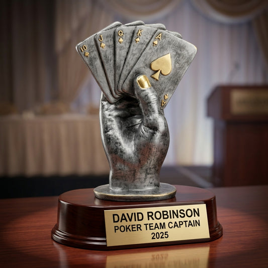 Poker trophy specifications showing 9-inch height, gold finish, resin construction, and personalization options