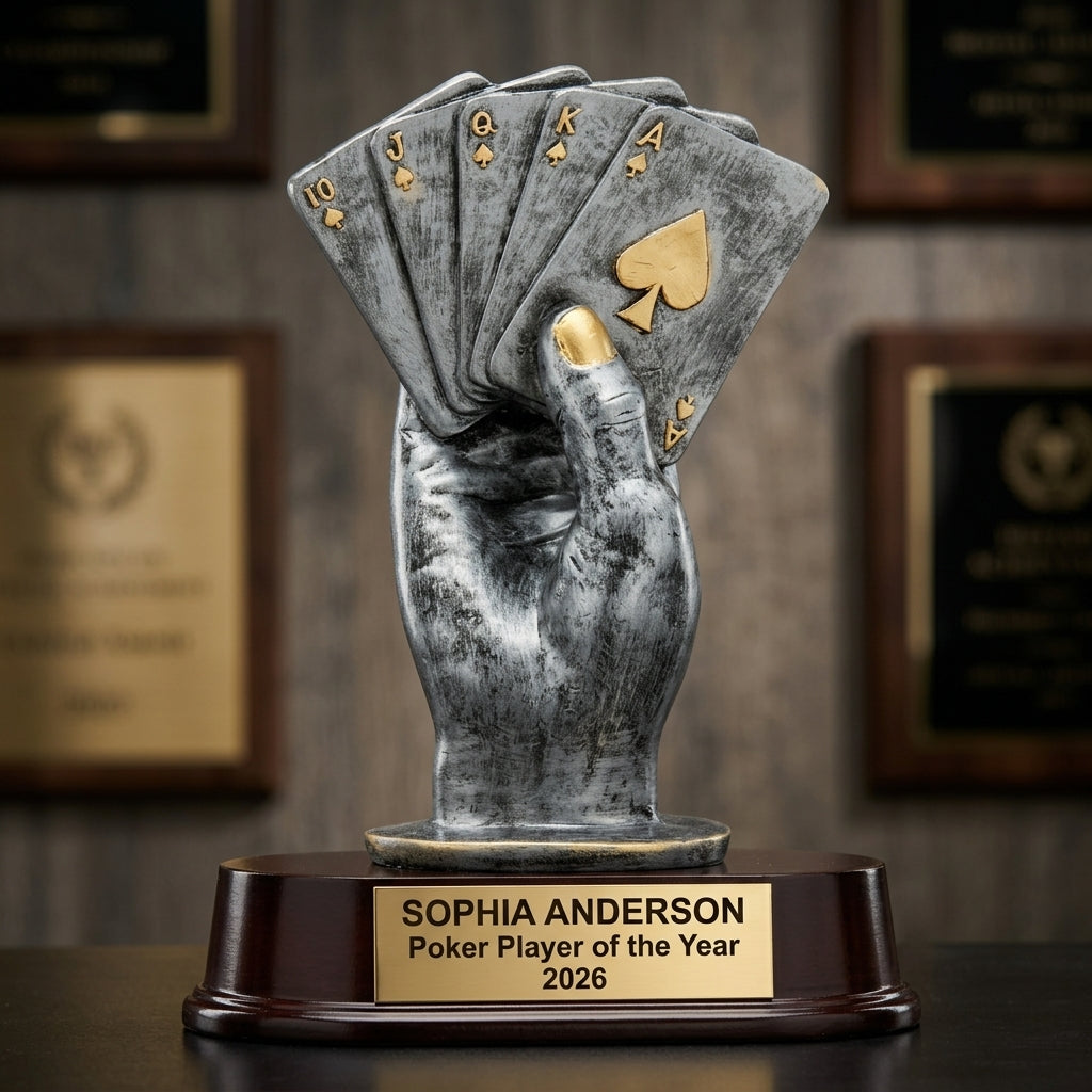 Poker trophy banquet display with multiple personalized awards featuring custom laser engraving