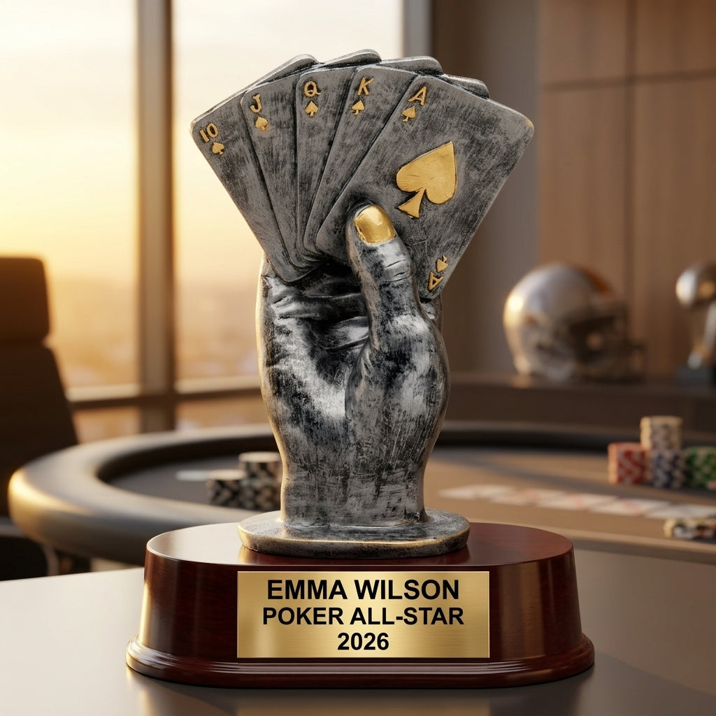 Close-up of laser-engraved gold nameplate on personalized poker trophy showing custom name, achievement, and year