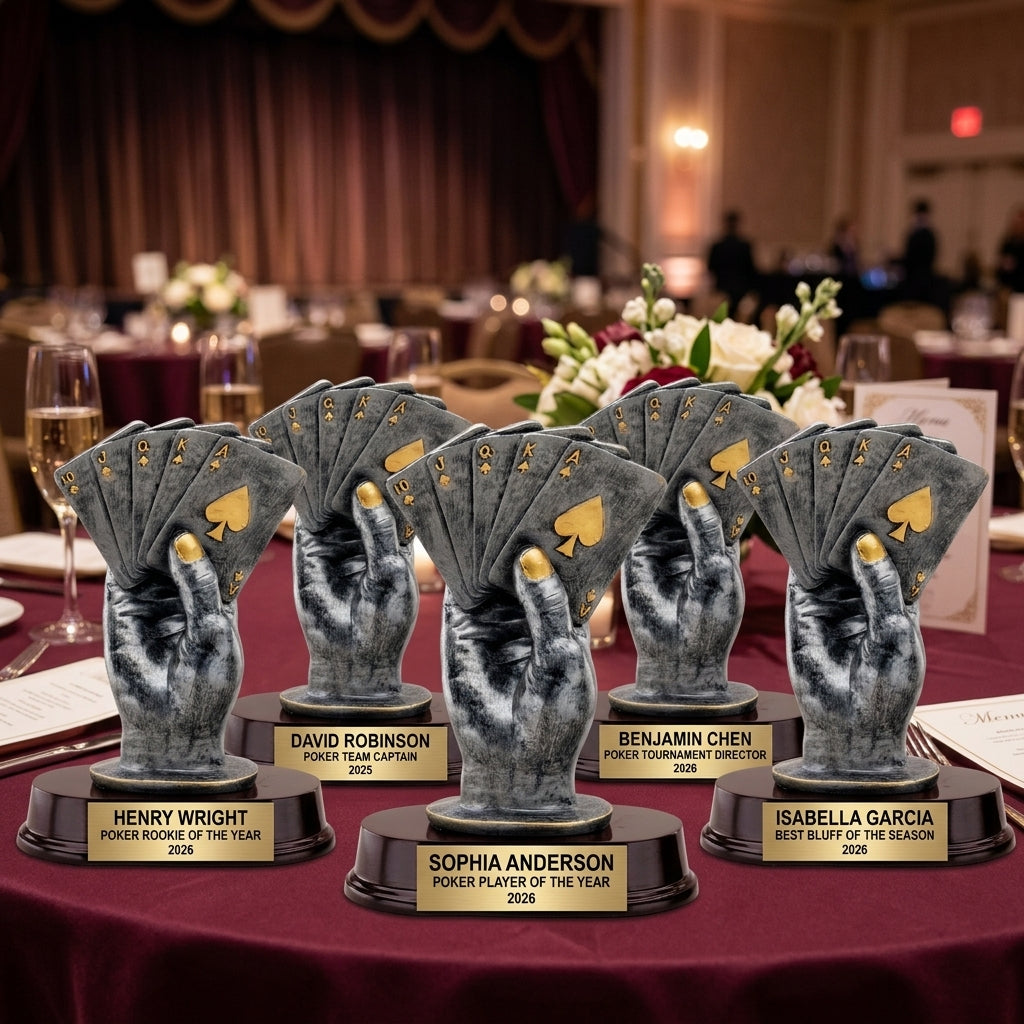 Customer reviews for Wood Unlimited personalized poker trophies with 5-star ratings and trust badges