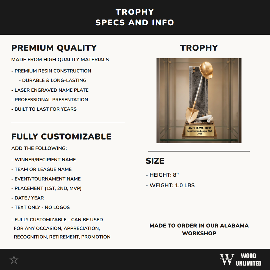 Construction Award Trophy | Personalized | Custom Engraved | Construction Team Award | Construction Gift | Achievement Award