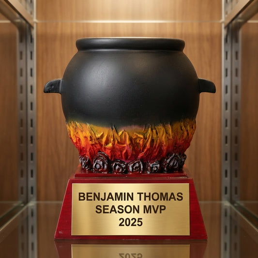 Personalized 6-inch chili cookoff trophy with custom laser-engraved gold nameplate on weighted base for awards and recognition