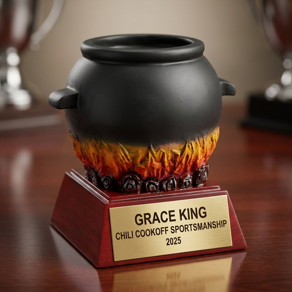Chili Cookoff trophy specifications showing 6-inch height, gold finish, resin construction, and personalization options
