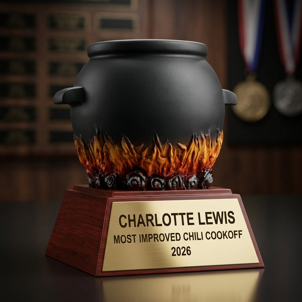 Chili Cookoff trophy banquet display with multiple personalized awards featuring custom laser engraving