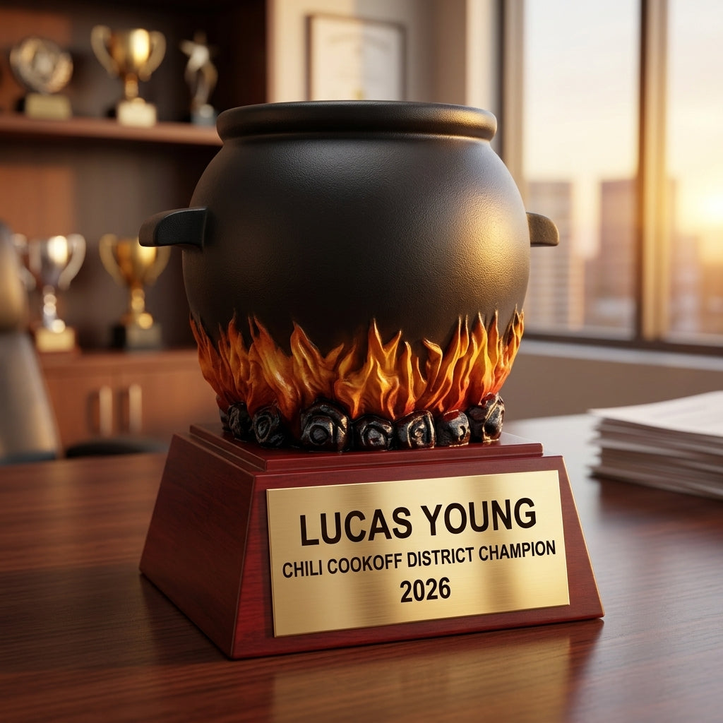 Close-up of laser-engraved gold nameplate on personalized chili cookoff trophy showing custom name, achievement, and year