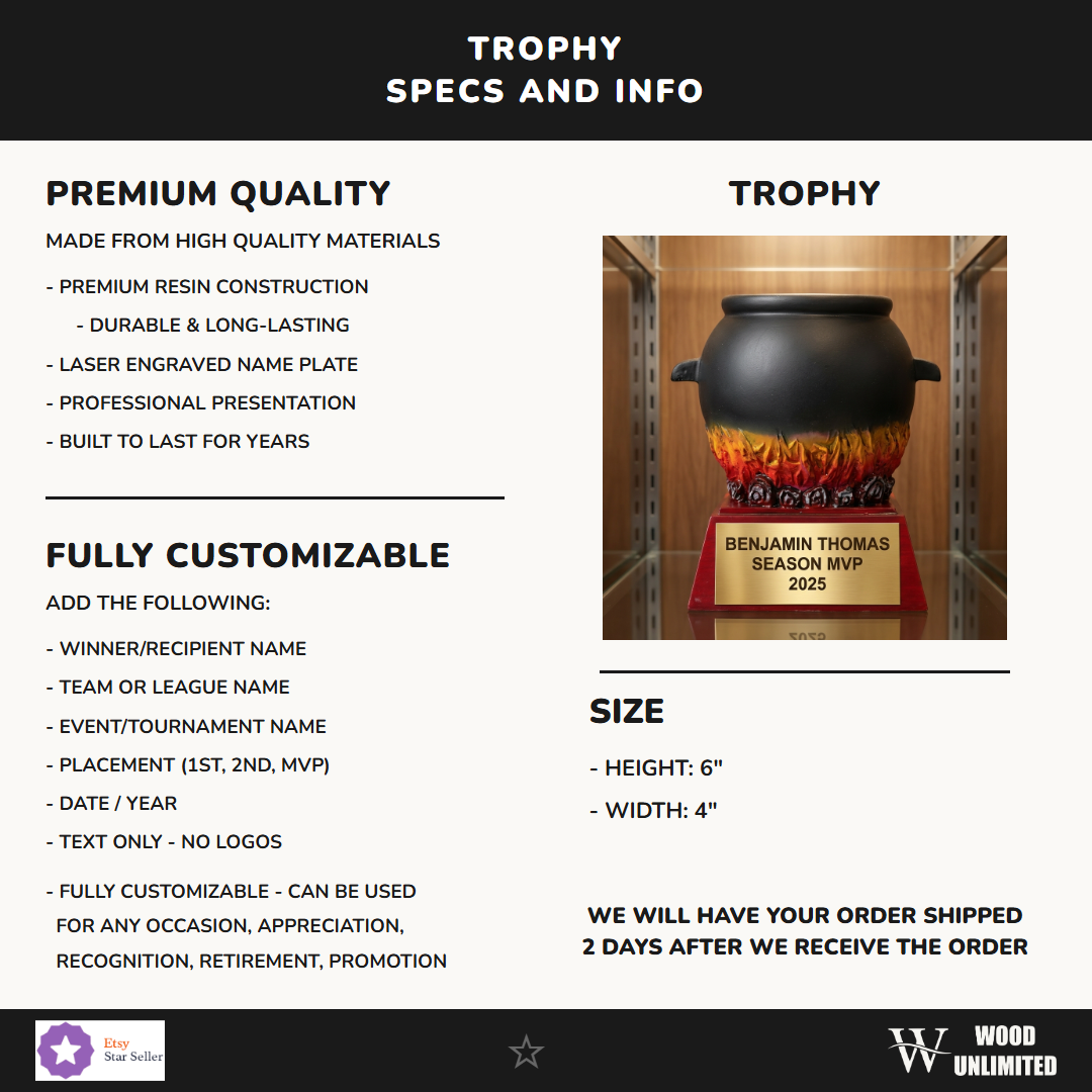 Custom engraved chili cookoff trophy perfect for competitions, events, and winner recognition celebrations
