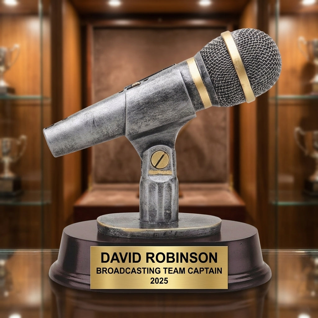 Personalized 6.5-inch broadcasting trophy with custom laser-engraved gold nameplate on weighted base for awards and recognition
