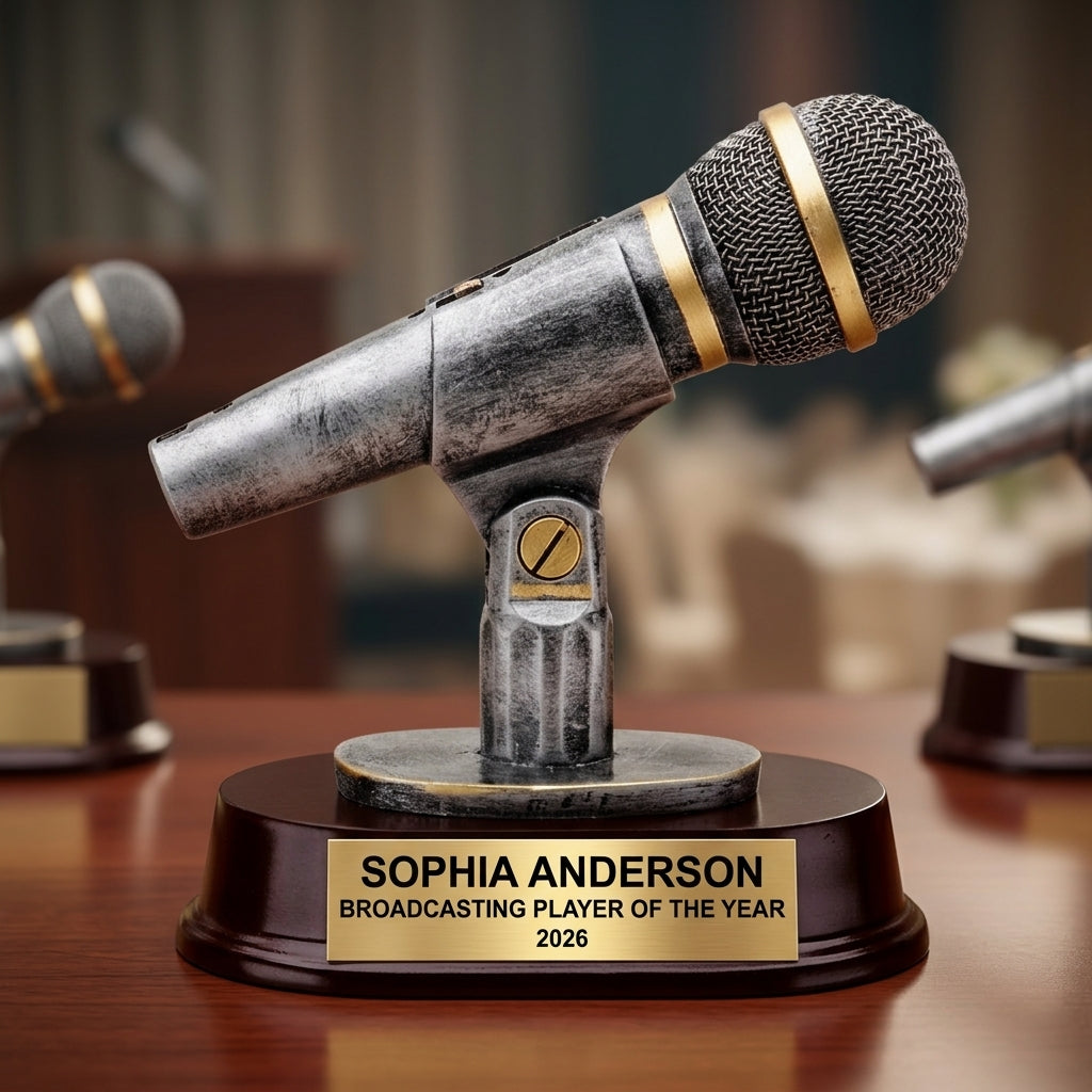 Broadcasting trophy specifications showing 6.5-inch height, gold finish, resin construction, and personalization options