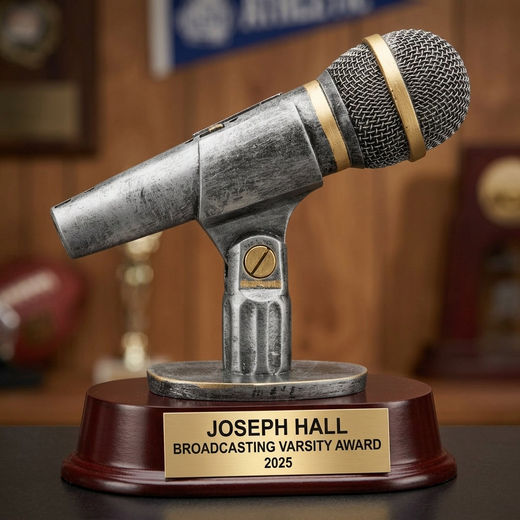 Broadcasting trophy banquet display with multiple personalized awards featuring custom laser engraving