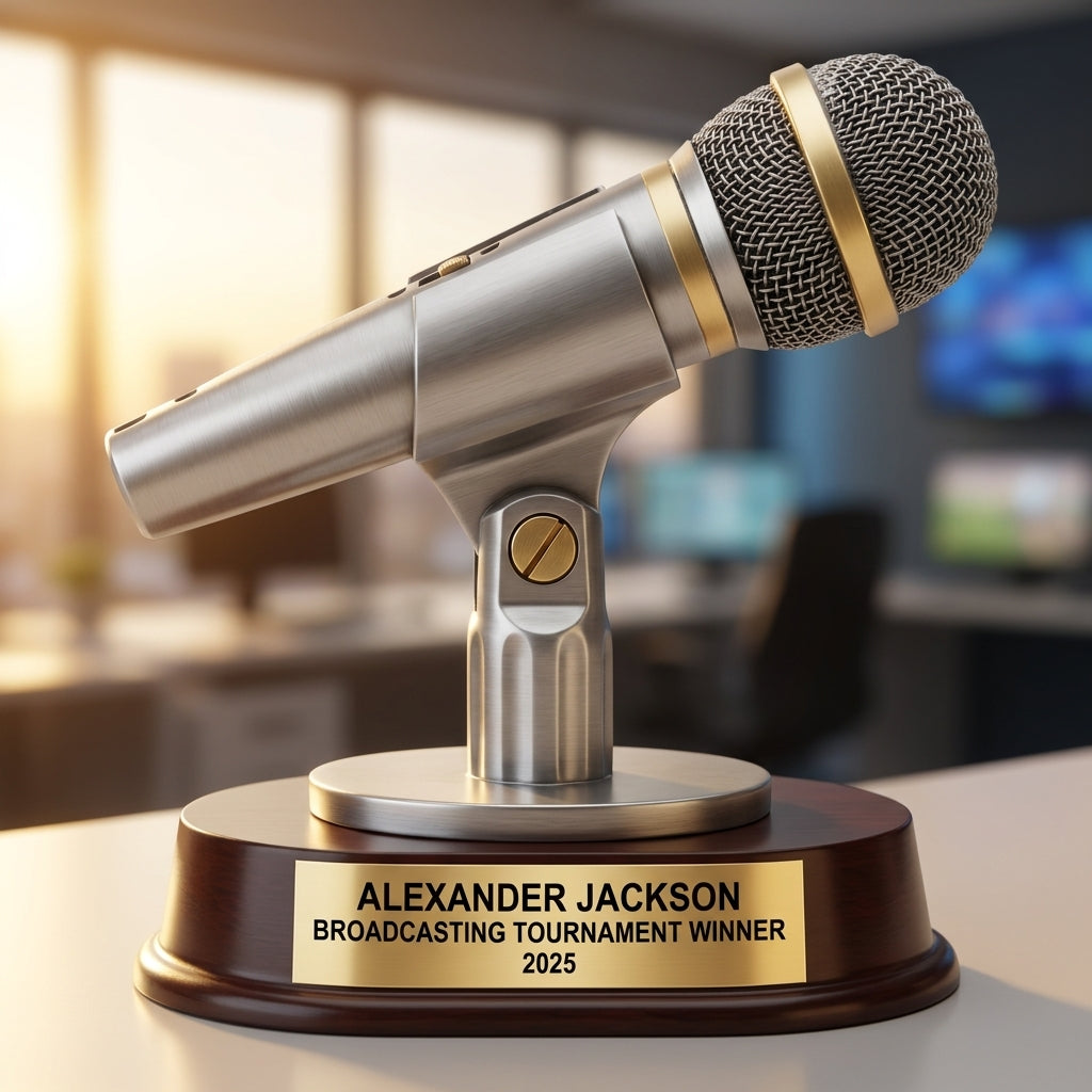 Close-up of laser-engraved gold nameplate on personalized broadcasting trophy showing custom name, achievement, and year