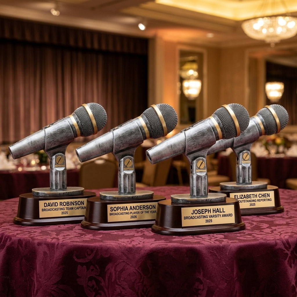 Customer reviews for Wood Unlimited personalized broadcasting trophies with 5-star ratings and trust badges