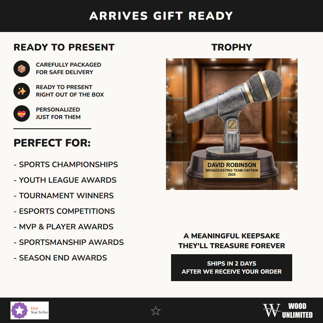 Personalized broadcasting trophy ideal for tournament champions, MVP recognition, and school athletics