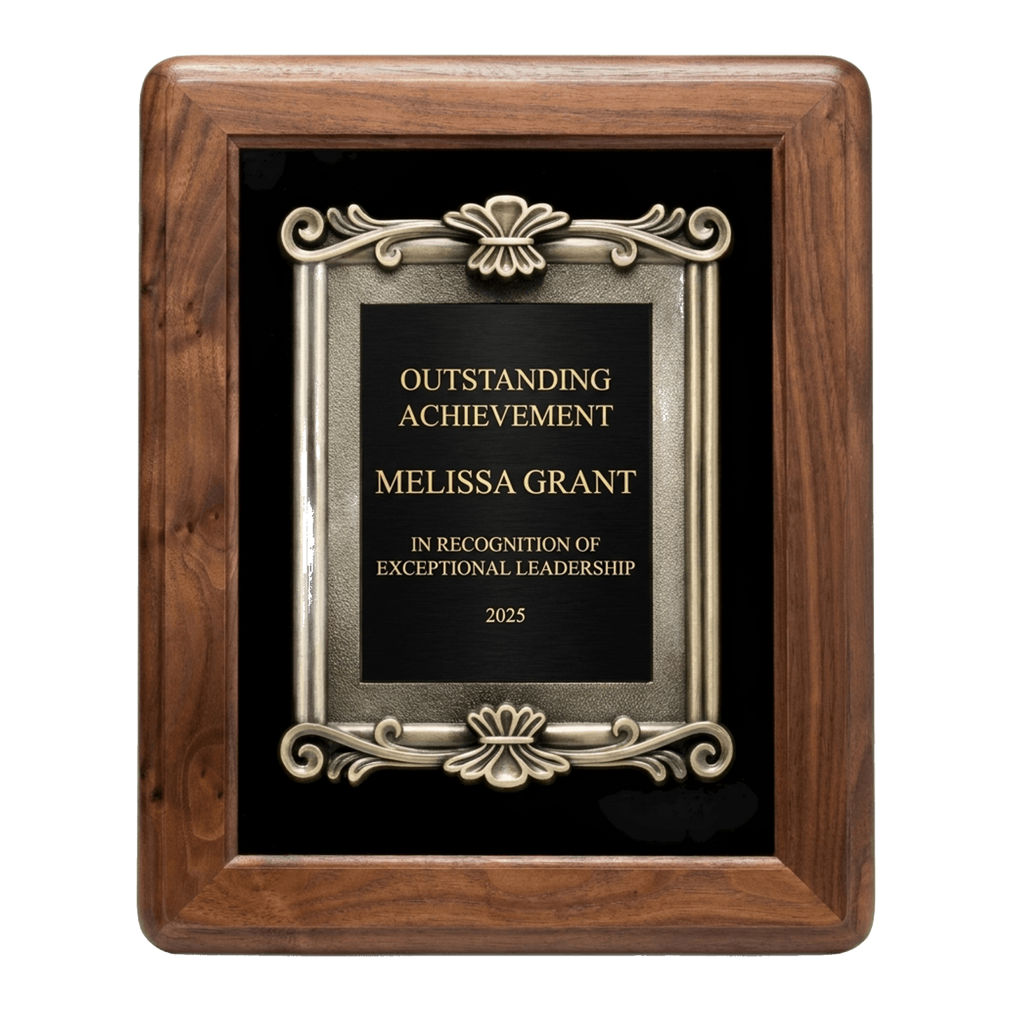 Personalized Recognition Award Plaque - Walnut Frame with Bronze Scroll - Custom Engraved - Retirement - Employee Appreciation
