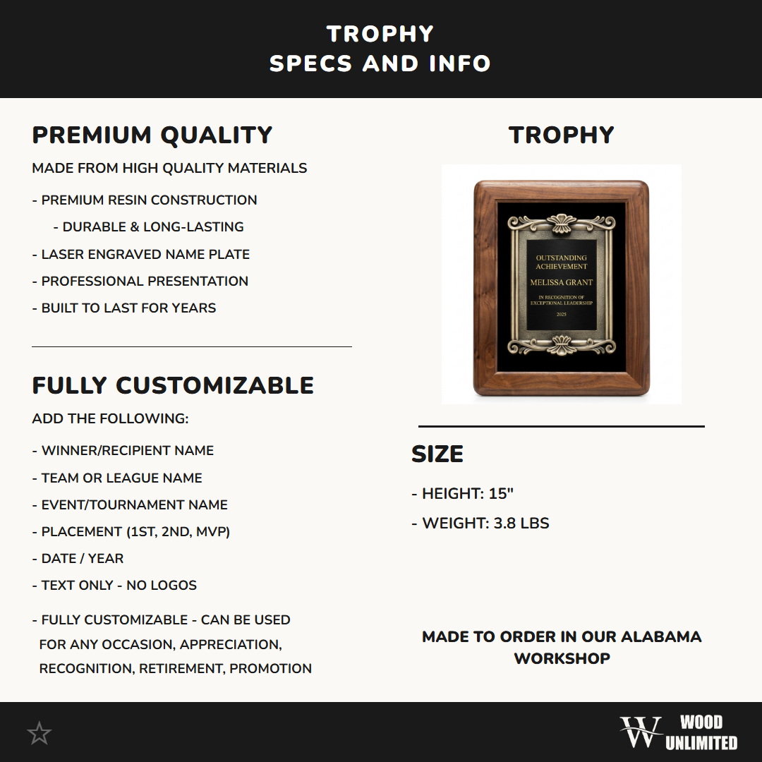 Personalized Recognition Award Plaque - Walnut Frame with Bronze Scroll - Custom Engraved - Retirement - Employee Appreciation