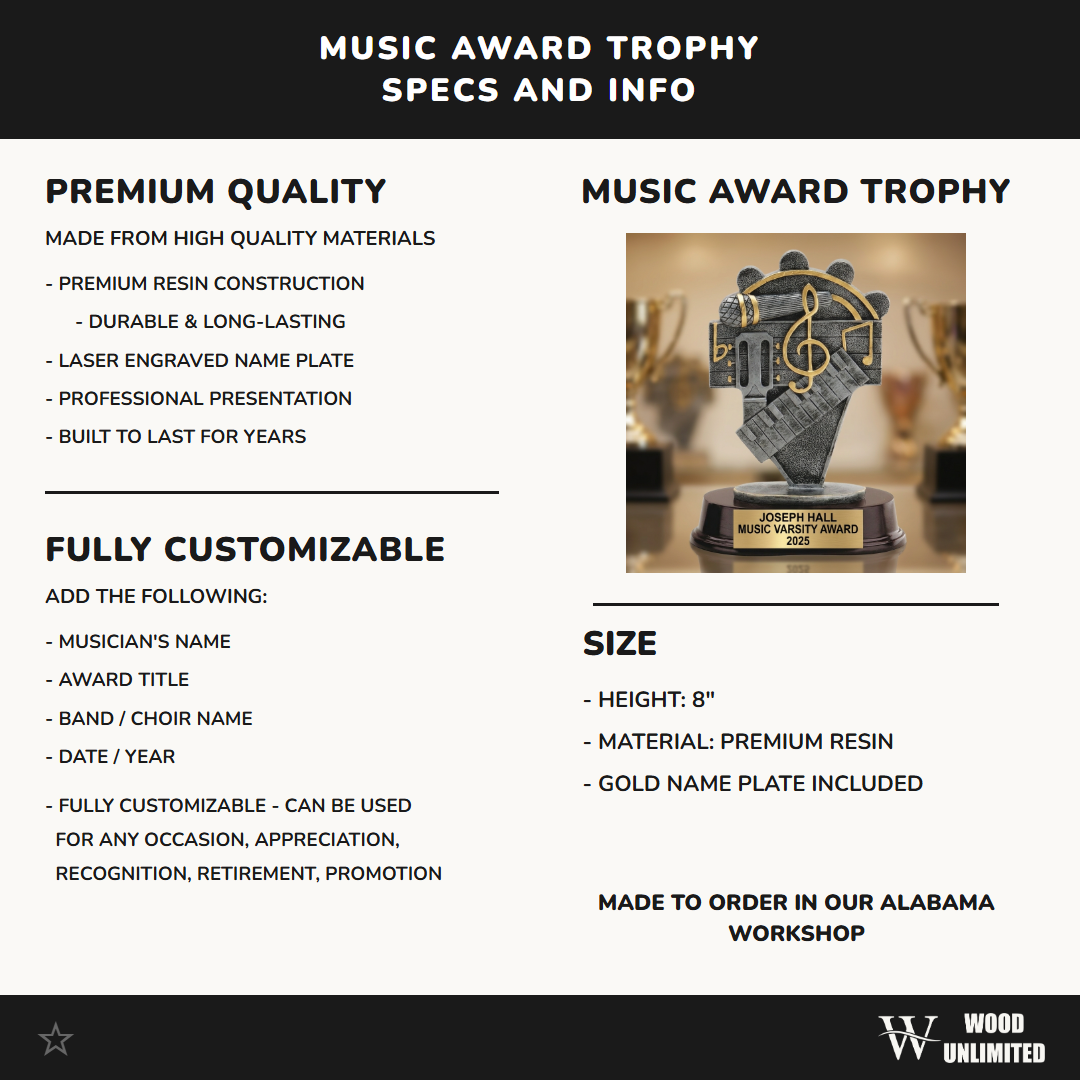 Music Award Trophy | Personalized | Custom Engraved | Music Note | Musician Gift | Performance Award | Music Competition | Wood Unlimited