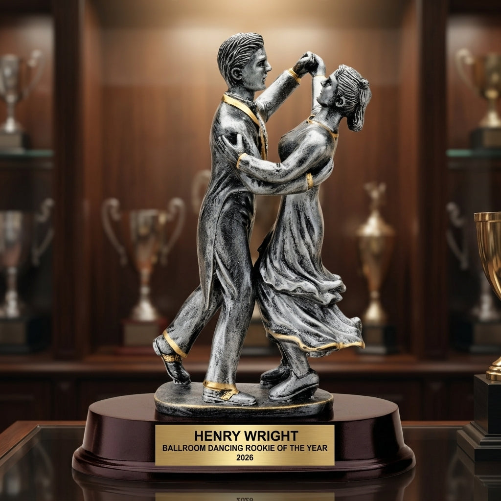 Personalized 9-inch ballroom dancing trophy with custom laser-engraved gold nameplate on weighted base for awards and recognition