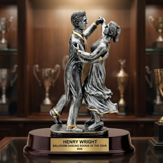 Personalized 9-inch ballroom dancing trophy with custom laser-engraved gold nameplate on weighted base for awards and recognition
