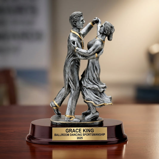Ballroom Dancing trophy specifications showing 9-inch height, gold finish, resin construction, and personalization options