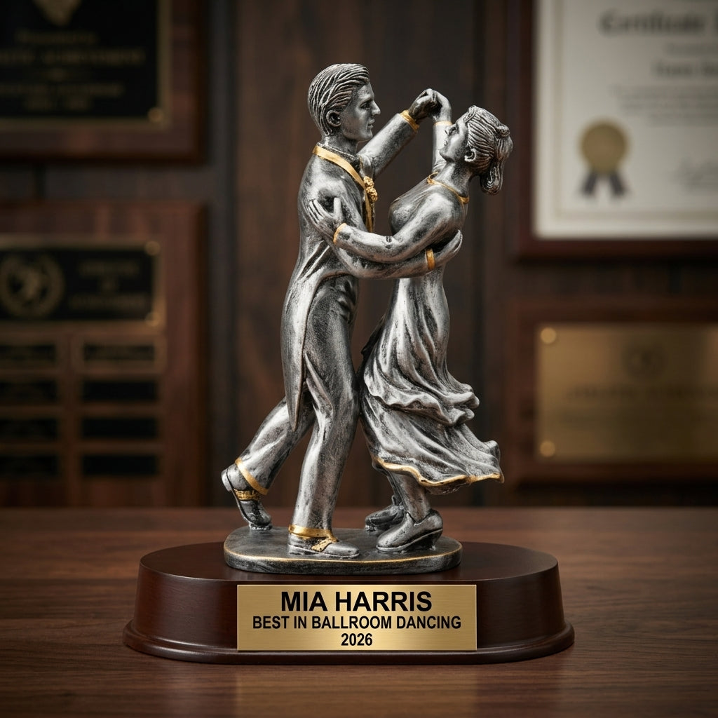 Ballroom Dancing trophy banquet display with multiple personalized awards featuring custom laser engraving